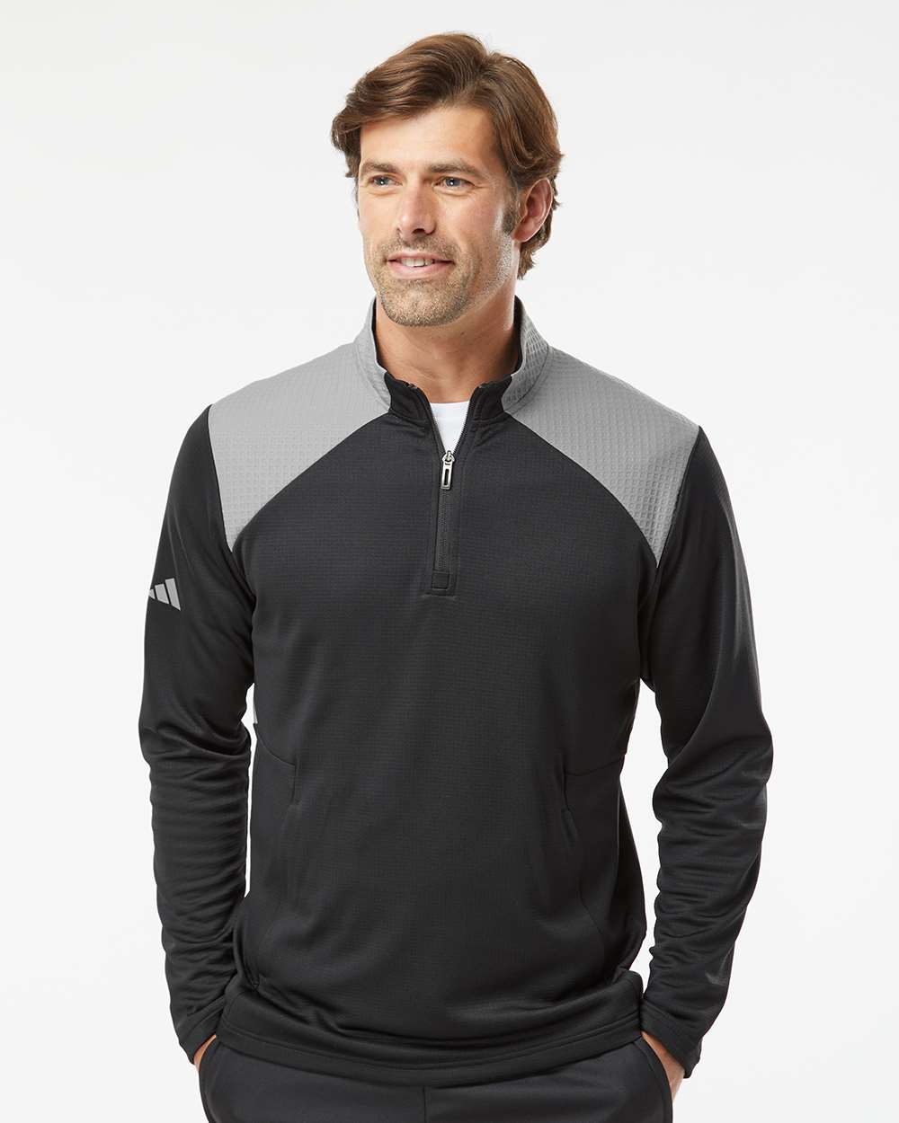 Adidas-A532-Textured Mixed Media Quarter-Zip Pullover - Image 4