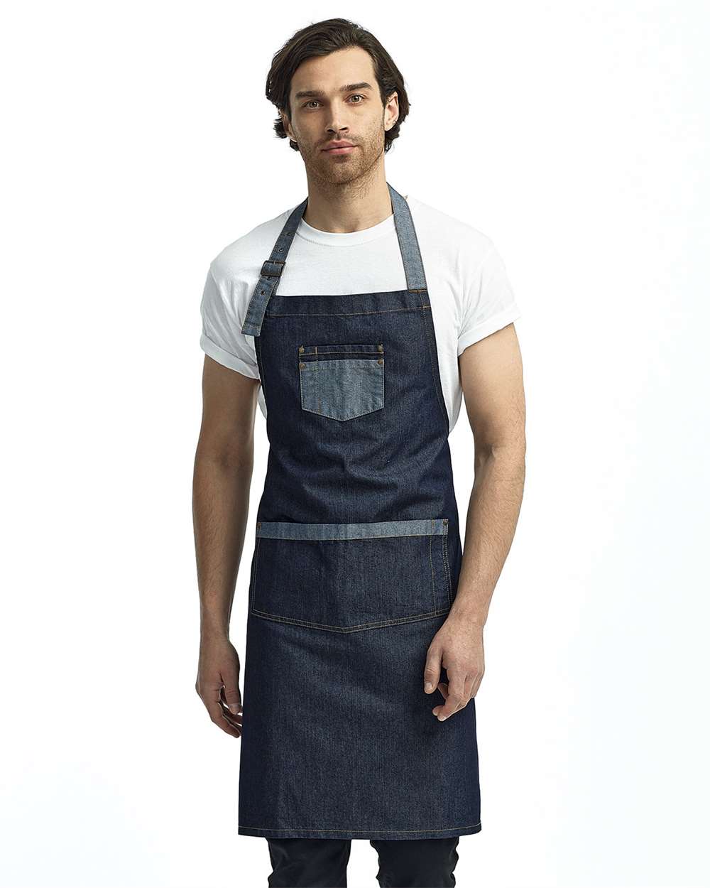 Artisan Collection by Reprime-RP127-Domain Contrast Denim Bib Apron with Pockets - Image 7