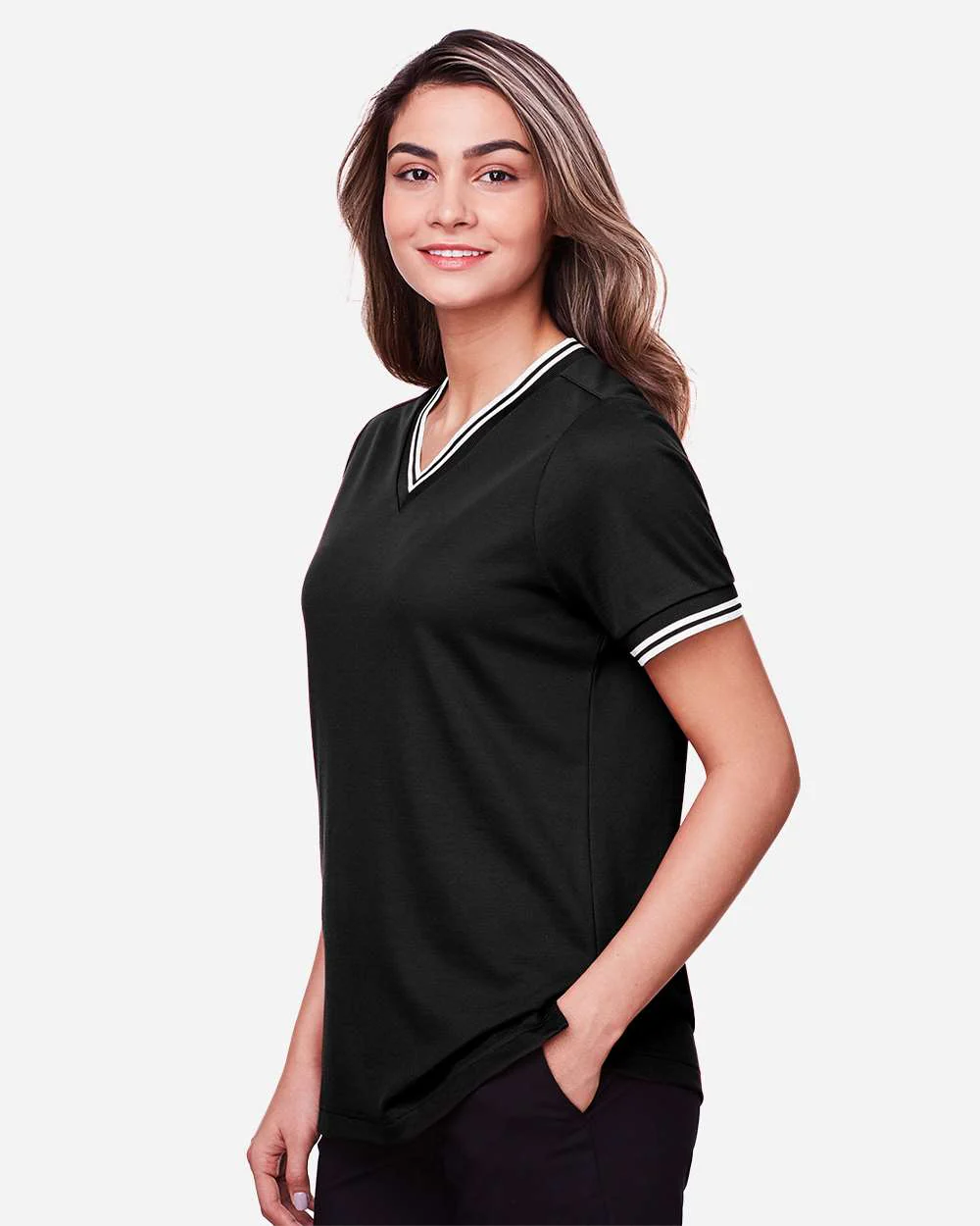 Devon & Jones-DG20CW-Women's CrownLux Performance® Plaited Tipped V-Neck Shirt - Image 4