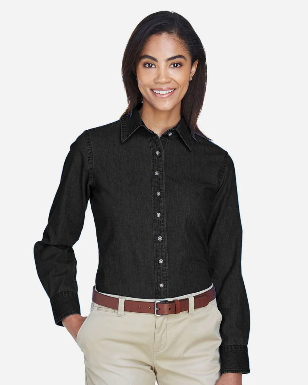 Harriton-M550W-Women's Long Sleeve Denim Shirt - Image 14