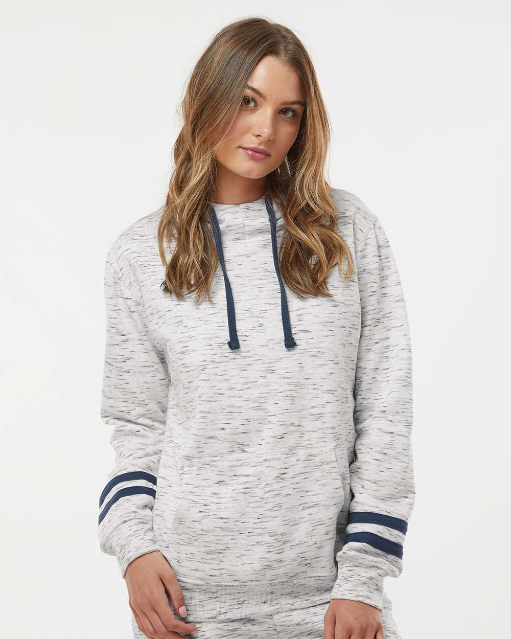 J. America-8674-Women’s Mélange Fleece Striped-Sleeve Hooded Sweatshirt - Image 11