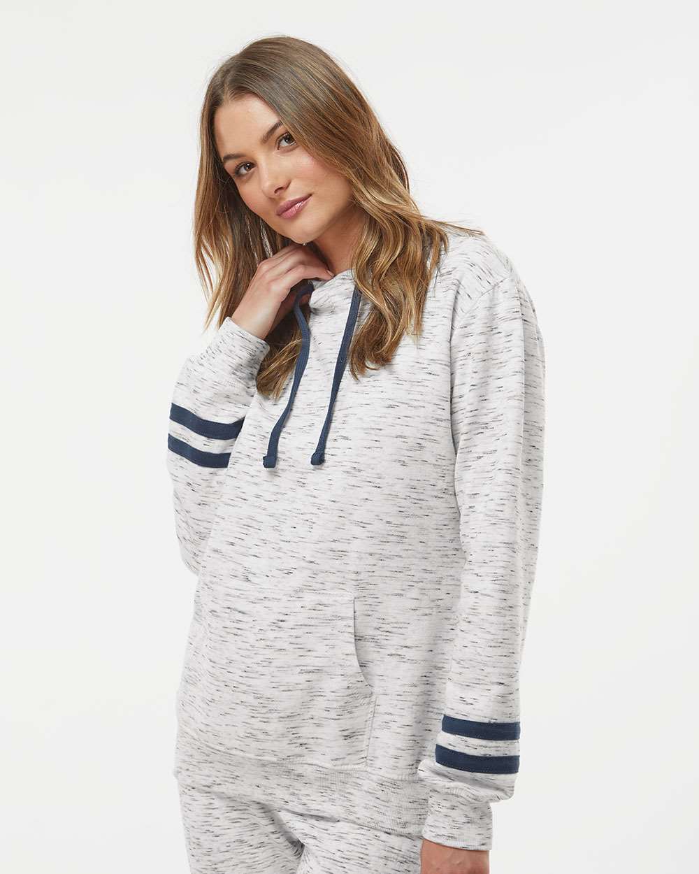J. America-8674-Women’s Mélange Fleece Striped-Sleeve Hooded Sweatshirt - Image 12