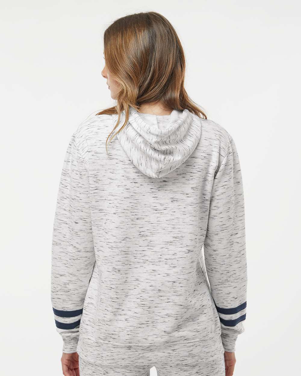 J. America-8674-Women’s Mélange Fleece Striped-Sleeve Hooded Sweatshirt - Image 13