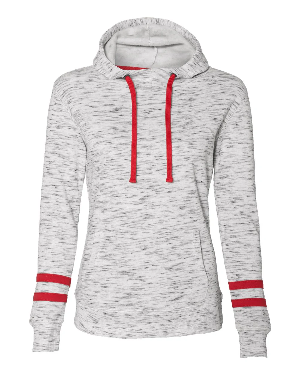 J. America-8674-Women’s Mélange Fleece Striped-Sleeve Hooded Sweatshirt - Image 14
