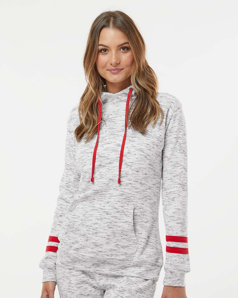 J. America-8674-Women’s Mélange Fleece Striped-Sleeve Hooded Sweatshirt - Image 17
