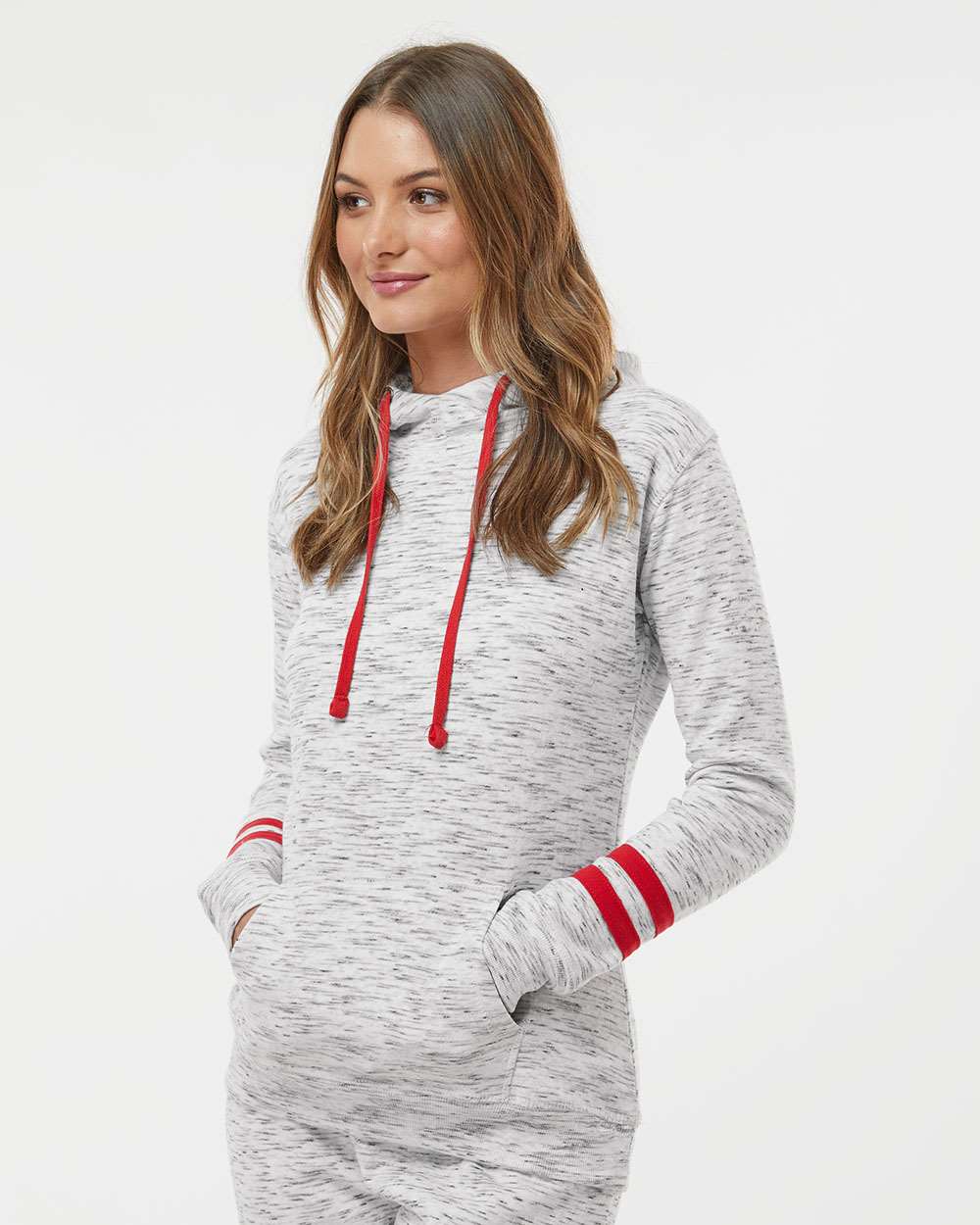 J. America-8674-Women’s Mélange Fleece Striped-Sleeve Hooded Sweatshirt - Image 18