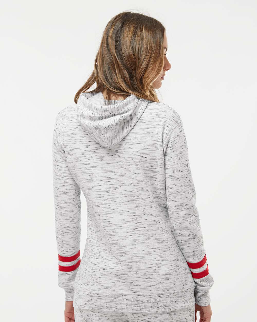 J. America-8674-Women’s Mélange Fleece Striped-Sleeve Hooded Sweatshirt - Image 19