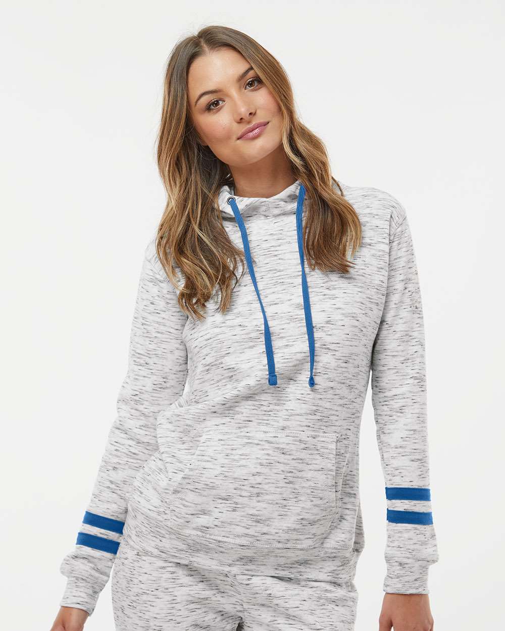 J. America-8674-Women’s Mélange Fleece Striped-Sleeve Hooded Sweatshirt - Image 23
