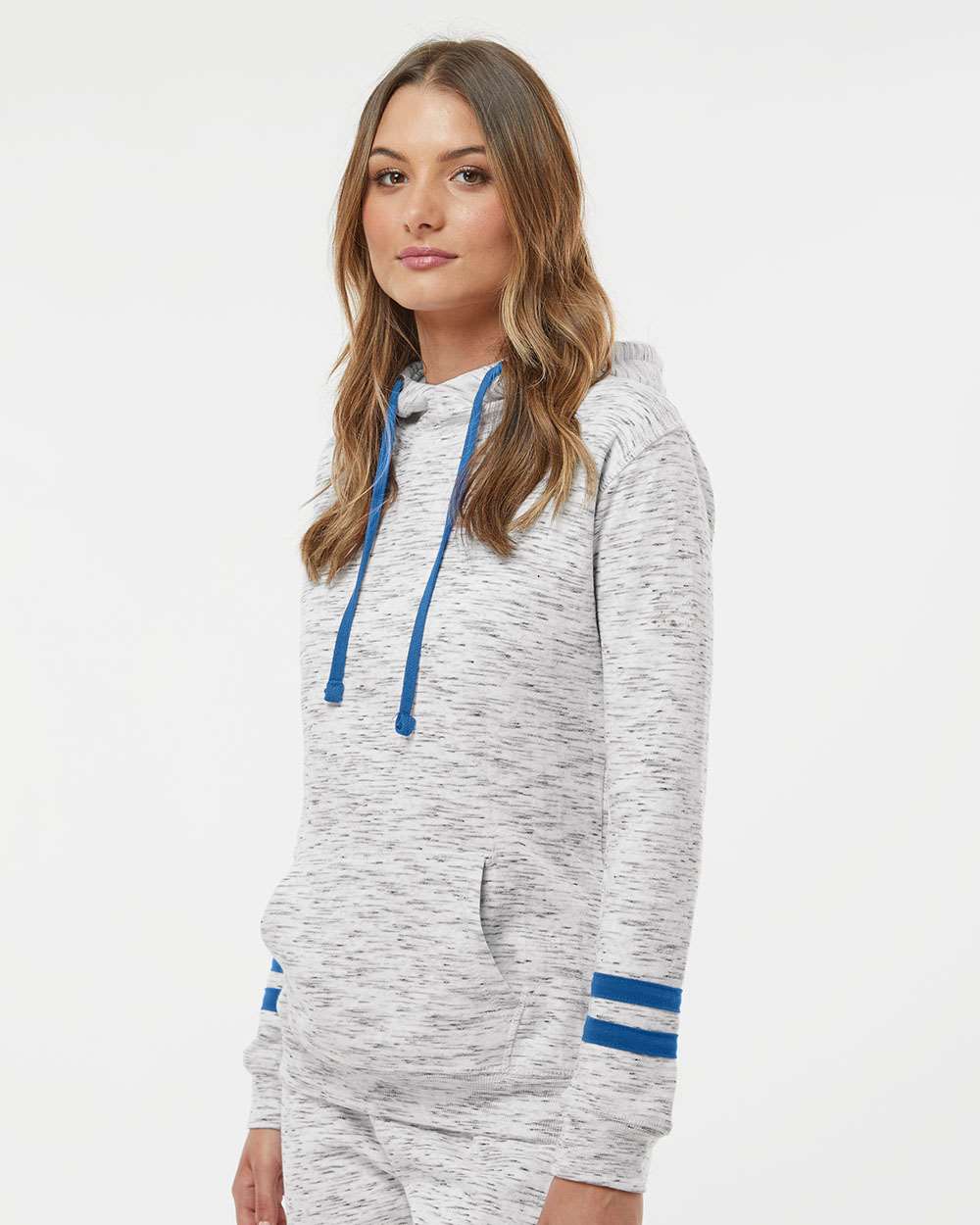 J. America-8674-Women’s Mélange Fleece Striped-Sleeve Hooded Sweatshirt - Image 24