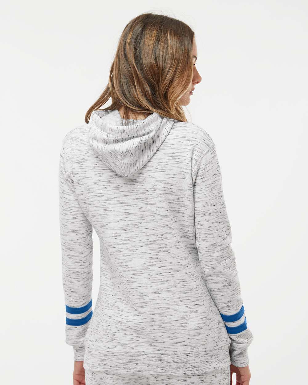 J. America-8674-Women’s Mélange Fleece Striped-Sleeve Hooded Sweatshirt - Image 25