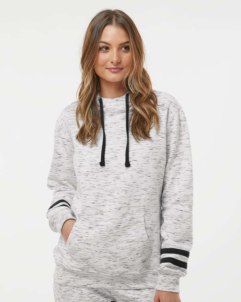 J. America-8674-Women’s Mélange Fleece Striped-Sleeve Hooded Sweatshirt - Image 4