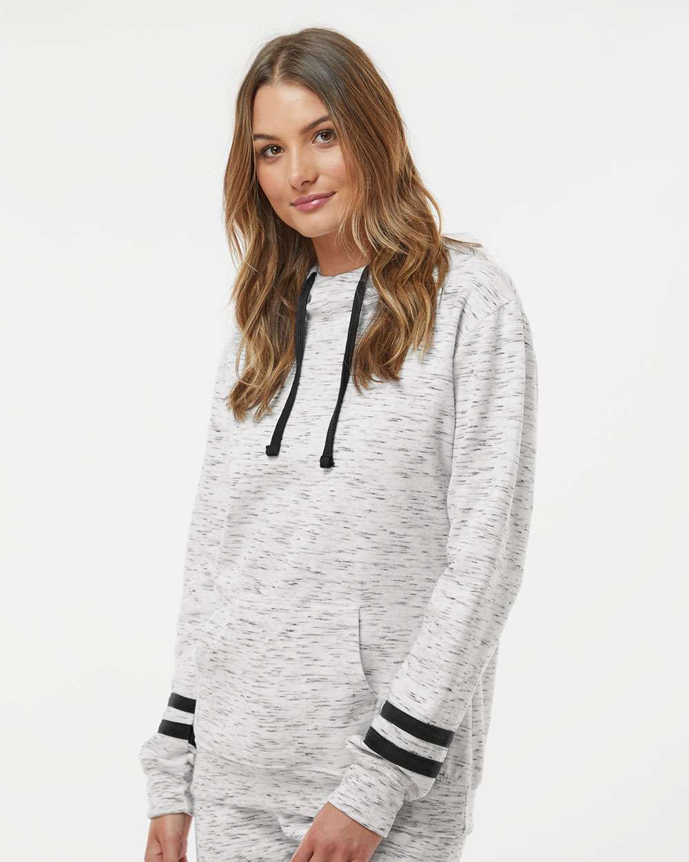 J. America-8674-Women’s Mélange Fleece Striped-Sleeve Hooded Sweatshirt - Image 5