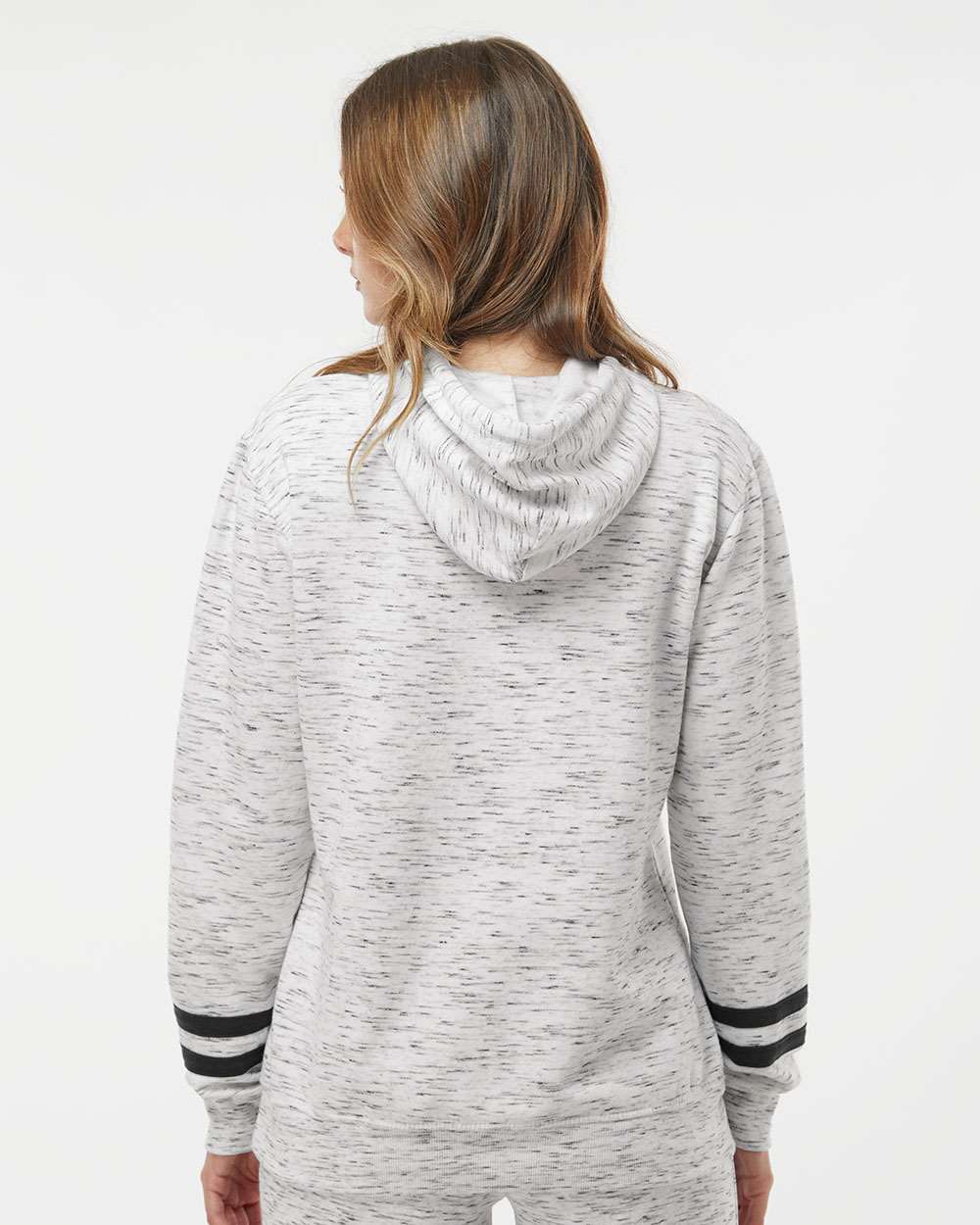 J. America-8674-Women’s Mélange Fleece Striped-Sleeve Hooded Sweatshirt - Image 6