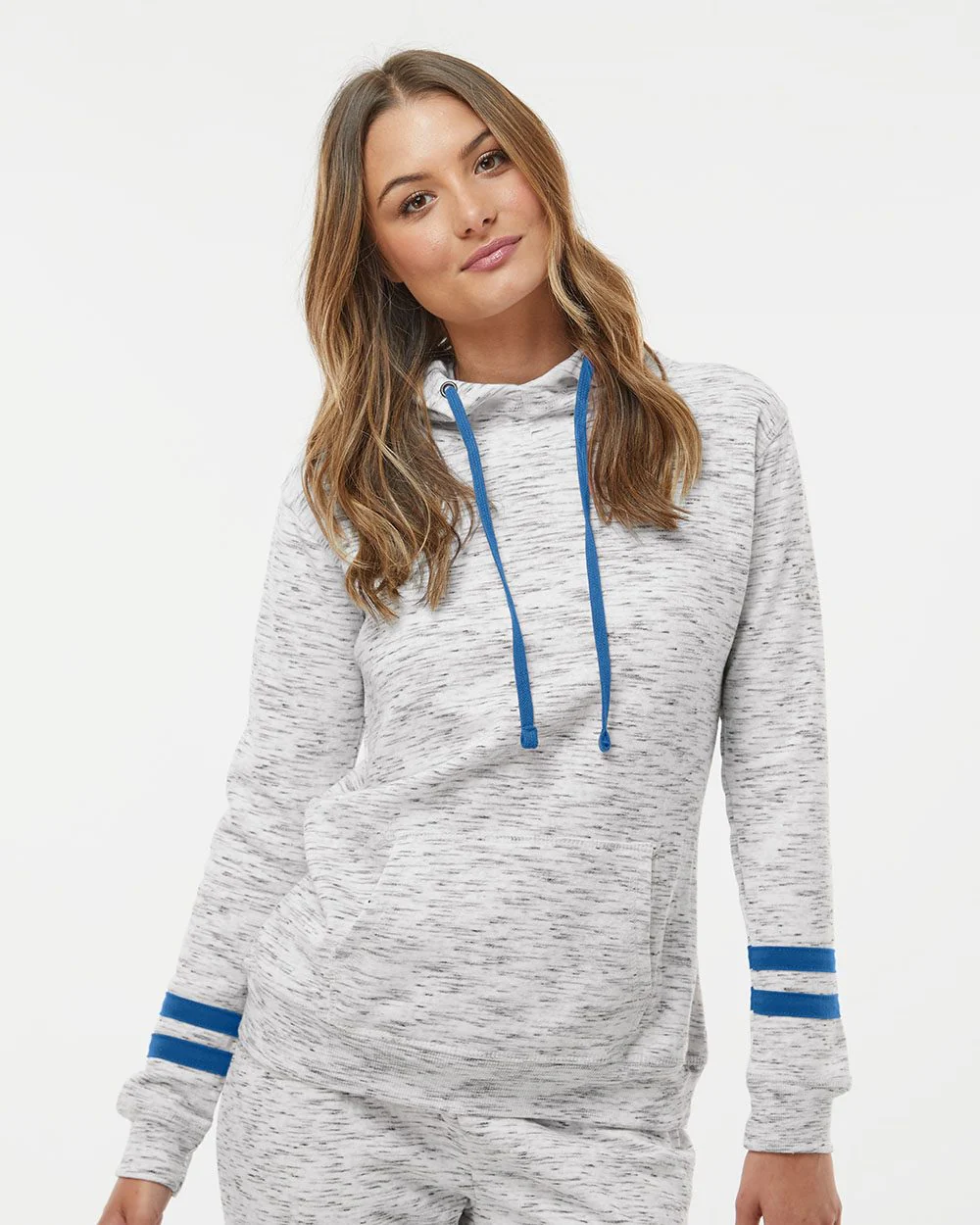 J. America-8674-Women’s Mélange Fleece Striped-Sleeve Hooded Sweatshirt - Image 7