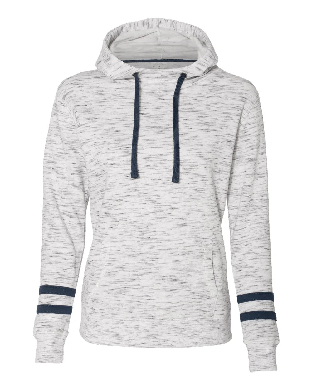 J. America-8674-Women’s Mélange Fleece Striped-Sleeve Hooded Sweatshirt - Image 8
