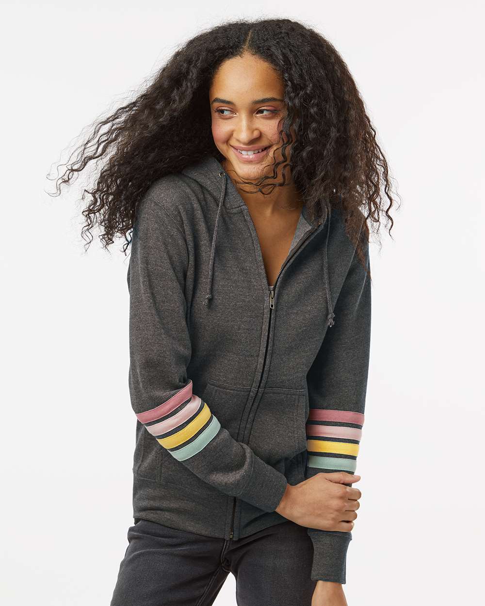 MV Sport-W22732-Women's Striped Sleeves Full-Zip Hooded Sweatshirt - Image 4