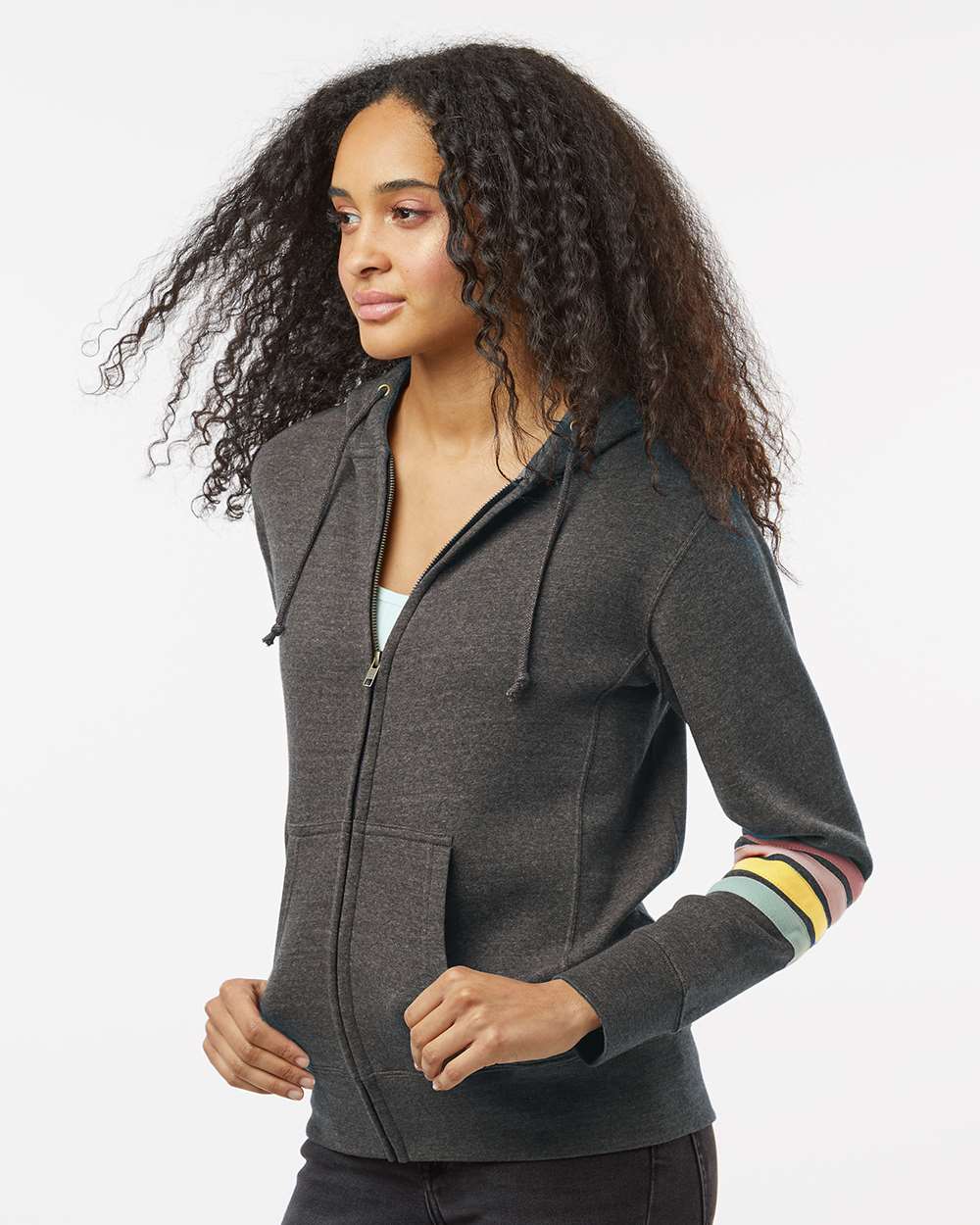 MV Sport-W22732-Women's Striped Sleeves Full-Zip Hooded Sweatshirt - Image 5