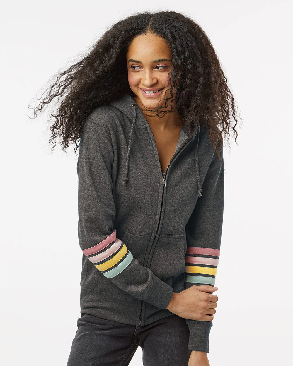 MV Sport-W22732-Women's Striped Sleeves Full-Zip Hooded Sweatshirt - Image 7